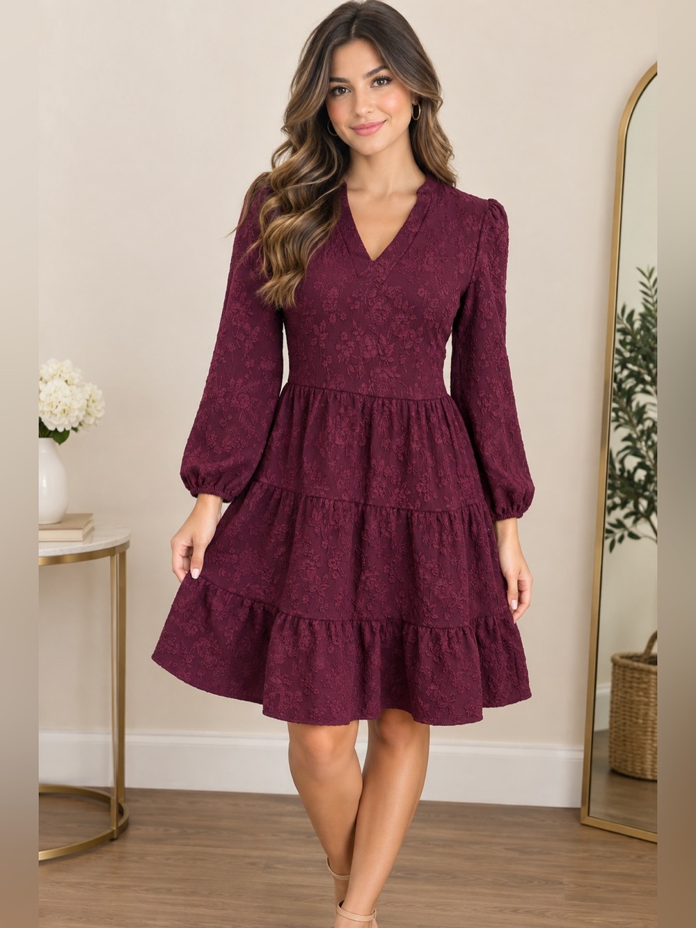 Joie Textured V‑Neck Dress in Deep Burgundy
